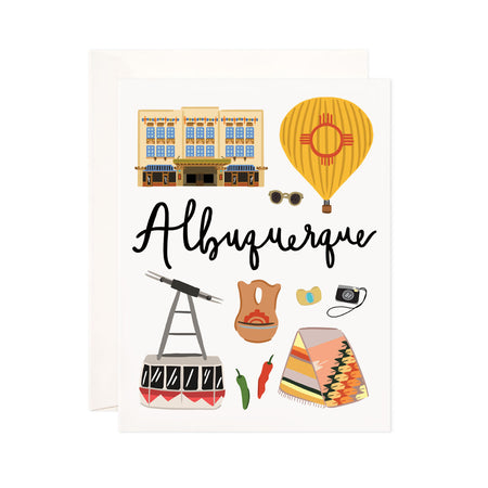 Albuquerque - Bloomwolf Studio Card About Things to Do in Albuquerque, Bright Colors, State Landmarks + Historical Places + Notable Places