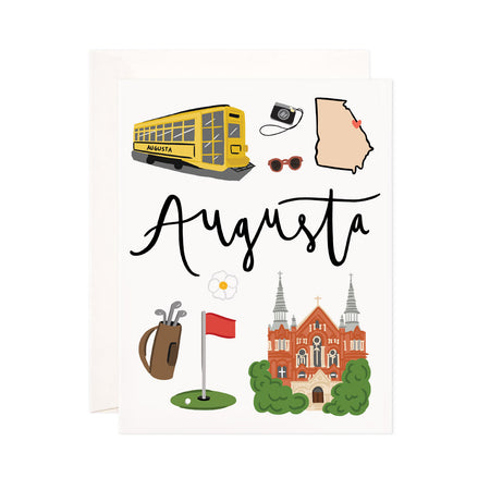 Augusta - Bloomwolf Studio Card About Things to Do in Augusta, Bright Colors, State Landmarks + Historical Places + Notable Places