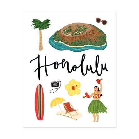 City Art Prints - Honolulu - Bloomwolf Studio Print on Things  to Do in Honolulu, Bright Colors, State Landmarks + Historical Places + Notable Places