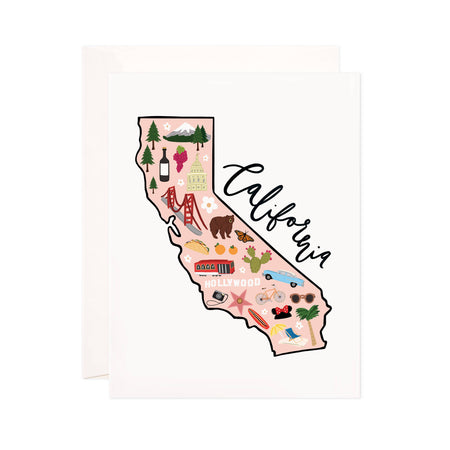 California - Bloomwolf Studio Card Map of California, Bright Colors, Things to Do, State Landmarks + Historical Places + Notable Places