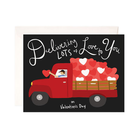 Delivering Love Valentine - Bloomwolf Studio Valentines Day Card, Black Background, Red Truck, Red Hearts