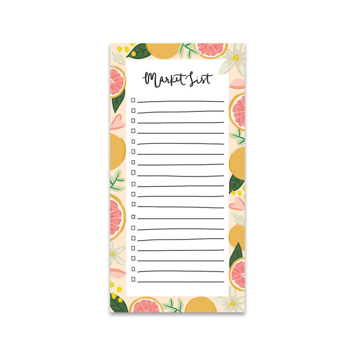 Pink Grapefruit Market List - Bloomwolf Studio Notepad That Says Market List, Grapefruits, Pink Petals, White Flowers