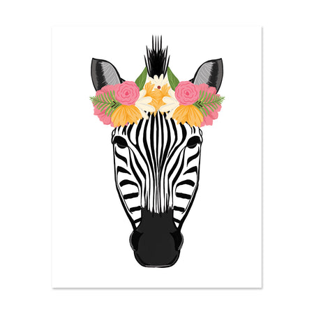 Pretty Zebra Art Print - Bloomwolf Studio Print of a Zebra Wearing a Crown Made of Pink, White and Orange Flowers
