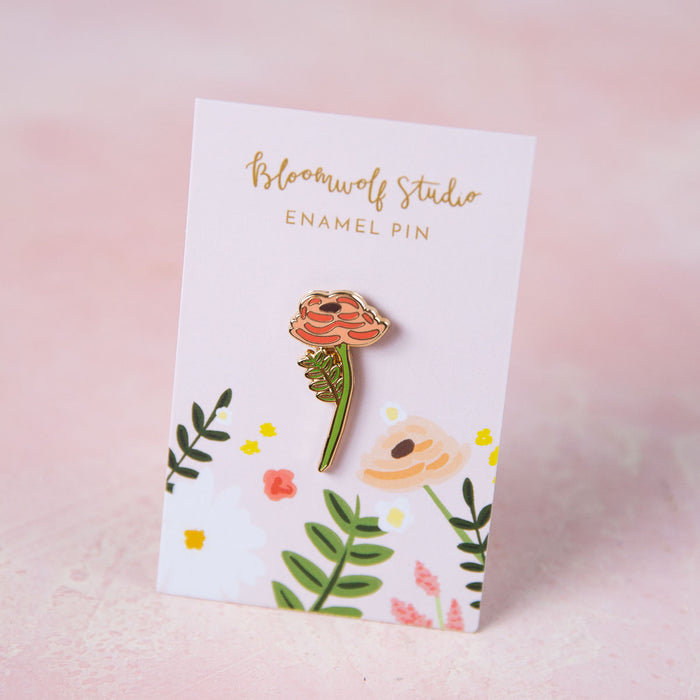 Single Rose Enamel Pin - Bloomwolf Studio One Green Stemmed Flower Pin, Peach and Orange Colored Flowers