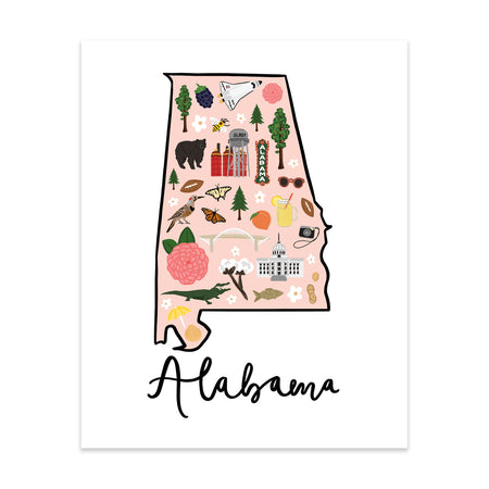 State Art Prints - Alabama - Bloomwolf Studio Print of Alabama Map, Things to Do, Bright Colors, State Landmarks + Historical Places + Notable Places