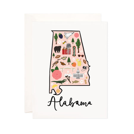 Alabama - Bloomwolf Studio Card About Things to Do in Alabama, Map, Bright Colors, State Landmarks + Historical Places + Notable Places