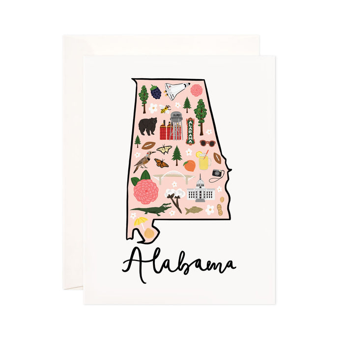 Alabama - Bloomwolf Studio Card About Things to Do in Alabama, Map, Bright Colors, State Landmarks + Historical Places + Notable Places
