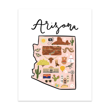 State Art Prints - Arizona - Bloomwolf Studio Print of Arizona Map, Things to Do, Bright Colors, State Landmarks + Historical Places + Notable Places