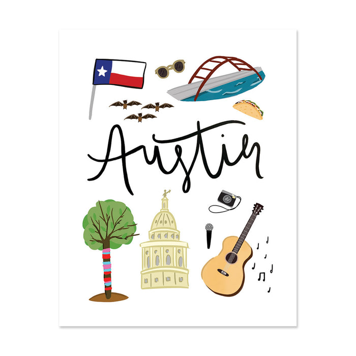 Austin, Tx Art Print - Bloomwolf Studio Print About Things to Do in Austin, Bright Colors, State Landmarks + Historical Places + Notable Places