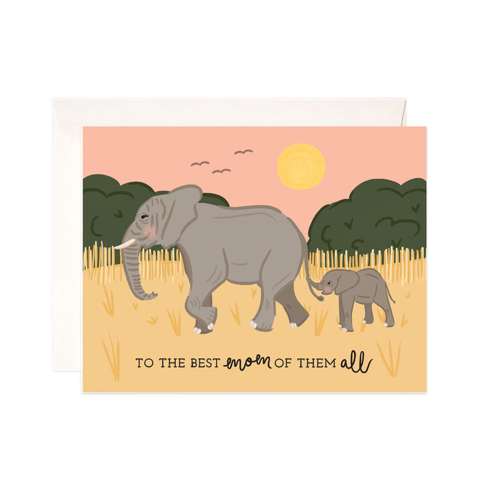 Best Mom - Bloomwolf Studio Mother's Day Card, Gray Baby Elephant Holding Her Mom's Tail, Pastel Colors Background