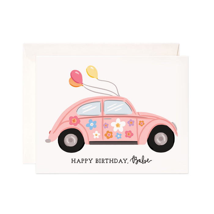 Birthday Babe - Bloomwolf Studio Birthday Card, Flowers in Pastel Colors, Light Pink Car, Yellow, Red, Orange Balloons