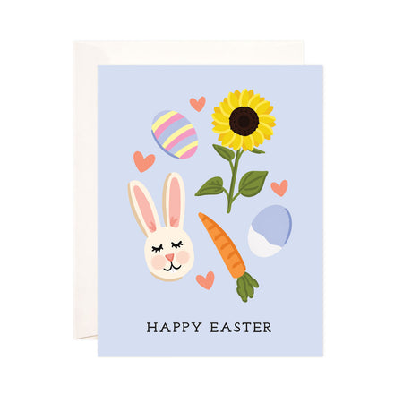 Blue Easter - Bloomwolf Studio Card That Says Happy Easter! Pastel Colors (blue, Yellow, Pink) With Bunny, Carrot, Sunflower, Egg. 