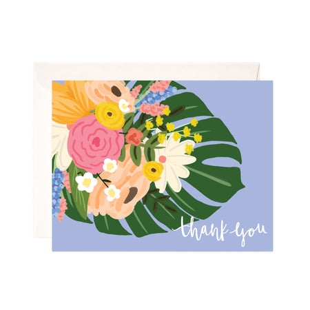Blue Thank You - Bloomwolf Studio Thank You Card, Bouquet of Pink, Beige, Yellow, Blue and White Flowers, Monstera Leaf 