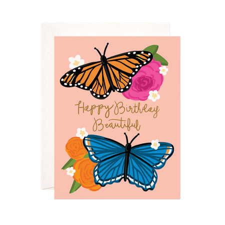 Butterfly Birthday - Bloomwolf Studio Card That Says Happy Birthday Beautiful, Orange and Blue Butterflies, Roses