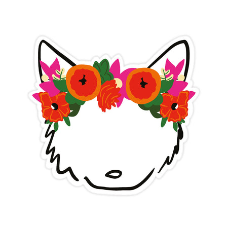 Bloomwolf Logo Sticker - Bloomwolf Studio Sticker, Pet With a Red and Pink Floral Design Headdress, Green Leaves