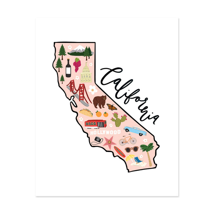 State Art Prints - California - Bloomwolf Studio Print of Map of California, Bright Colors, Things to Do, State Landmarks + Historical Places + Notable Places
