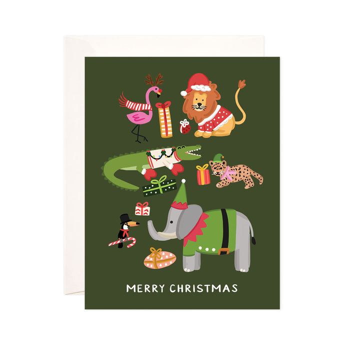 Christmas + Holiday Animals - Bloomwolf Studio Card That Says Merry Christmas + Holiday, Green Background, Gifts, Animals in Colorful Costumes 