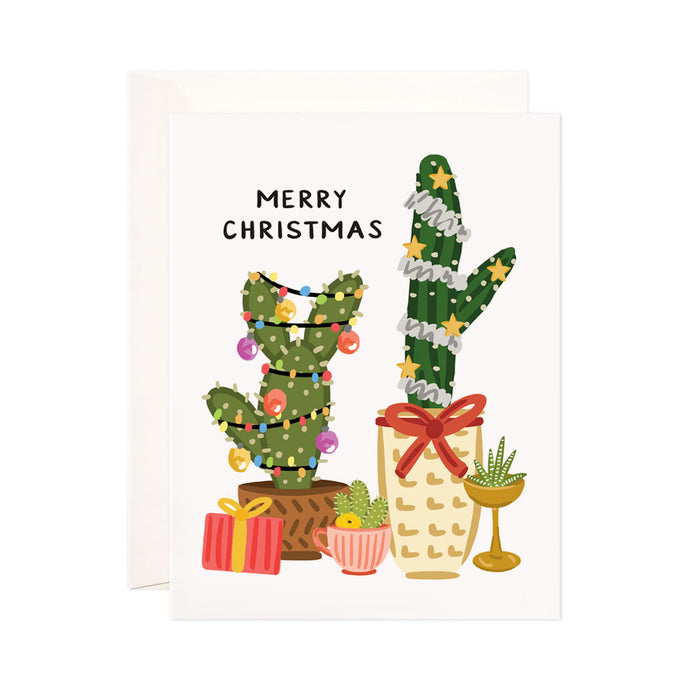 Christmas + Holiday Cacti - Bloomwolf Studio Merry Christmas + Holiday Card With Cactus as Christmas + Holiday Tree With Yellow Stars, Colorful Ornaments