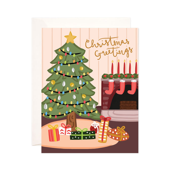 Christmas + Holiday Tree Scene - Bloomwolf Studio Card That Says Christmas + Holiday Greetings, Bright Colors, Indoor Decorations 