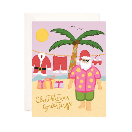 Santa's Vacation - Bloomwolf Studio Card That Says Christmas + Holiday Greetings, Bright Colors, Santa in an Island Vacation