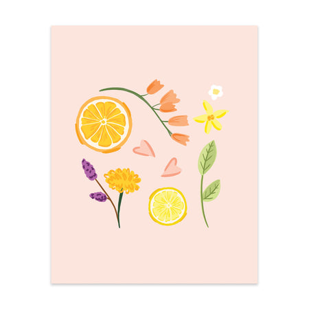 Citrus & Flowers Art Print - Bloomwolf Studio Print of Citrus, Flowers in Orange, Yellow, Violet + Purple Colors, Green Leaves