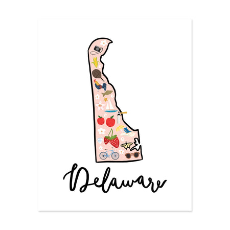 State Art Prints - Delaware - Bloomwolf Studio Print of Delaware Map, Things to Do, Bright Colors, State Landmarks + Historical Places + Notable Places