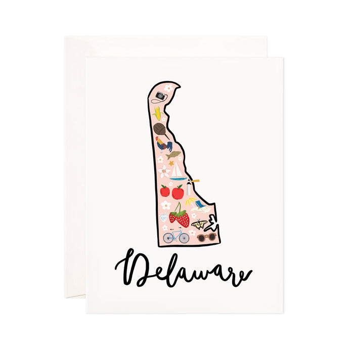 Delaware - Bloomwolf Studio Card About Things to Do in Delaware, Map, Bright Colors, State Landmarks + Historical Places + Notable Places