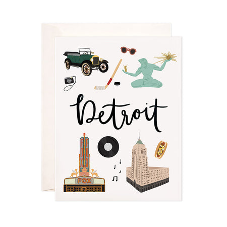Detroit - Bloomwolf Studio Card About Things to Do in Detroit, Neutral Colors, City Landmarks + Historical Places + Notable Places