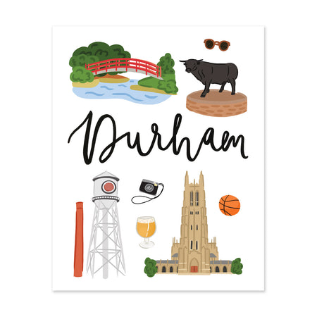 City Art Prints - Durham - Bloomwolf Studio Print About Things to Do in Durham, Bright Colors, State Landmarks + Historical Places + Notable Places