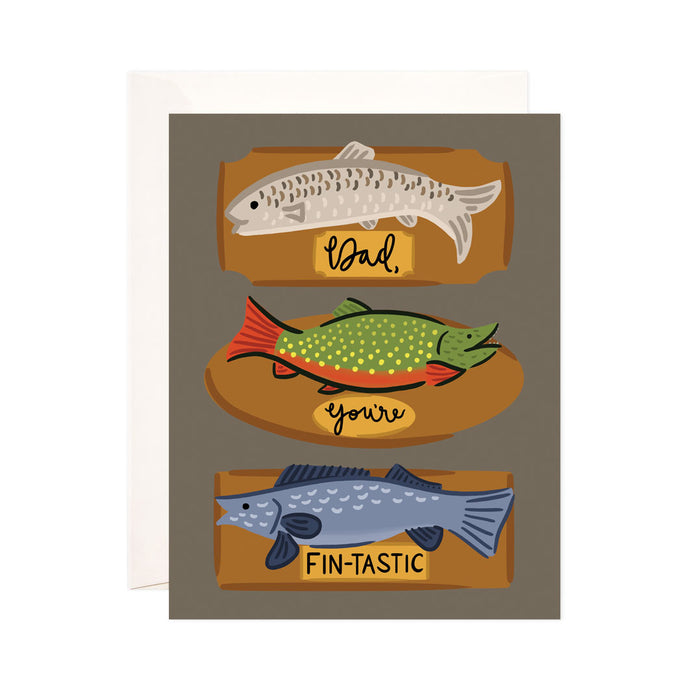 Fintastic Dad - Bloomwolf Studio Card for Father's Day With White, Green, and Blue Fish. 