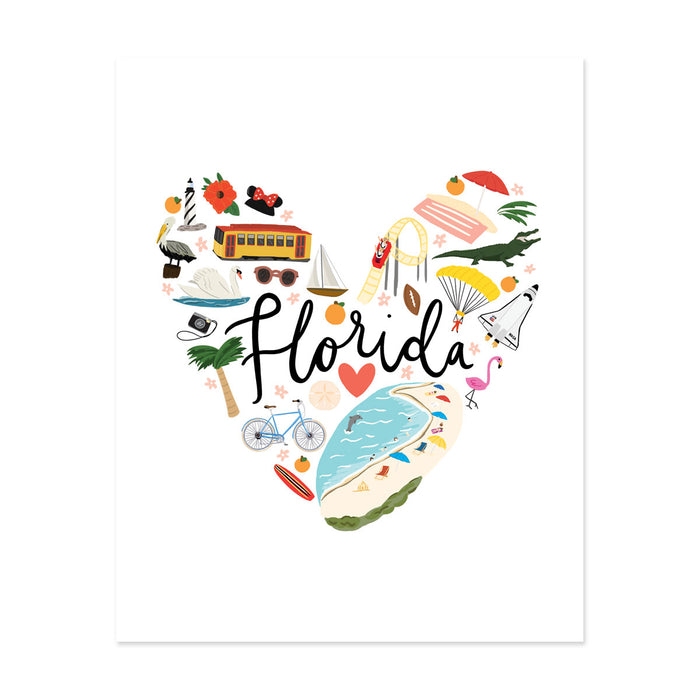 State Art Prints - Florida Love - Bloomwolf Studio Print About Florida, Heart Shaped, Bright Colors, Things to Do, Landmarks + Historical Places + Notable Places, 