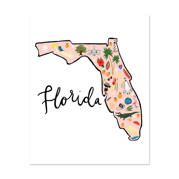 State Art Prints - Florida Art Print - Bloomwolf Studio Print About Florida Map, Bright Colors, Things to Do, City Landmarks + Historical Places + Notable Places