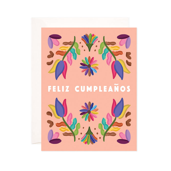 Folk Birthday - Bloomwolf Studio Card That Says Feliz Cumpleaños, Bright Colors, Flowers and Leaves