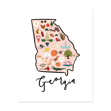 State Art Prints - Georgia - Bloomwolf Studio Print of Georgia Map, Bright Colors, Things to Do, City Landmarks + Historical Places + Notable Places 