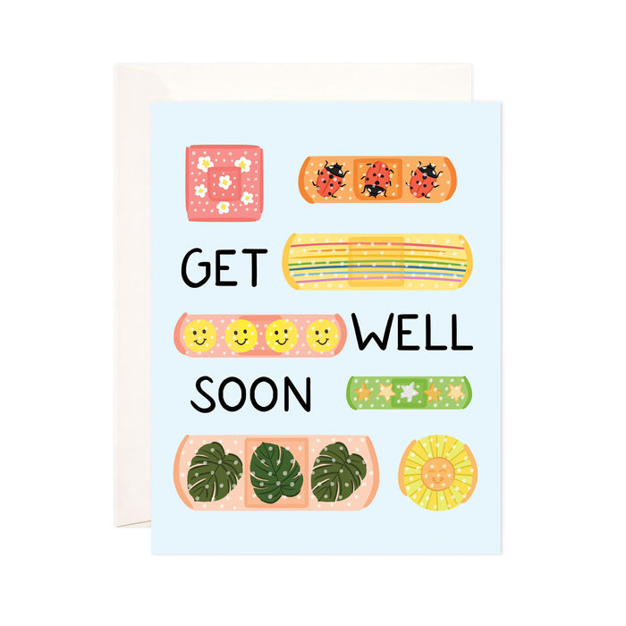Get Well Bandages - Bloomwolf Studio Card That Says Get Well Soon! Brightly Colored Band Aids With Cute Designs