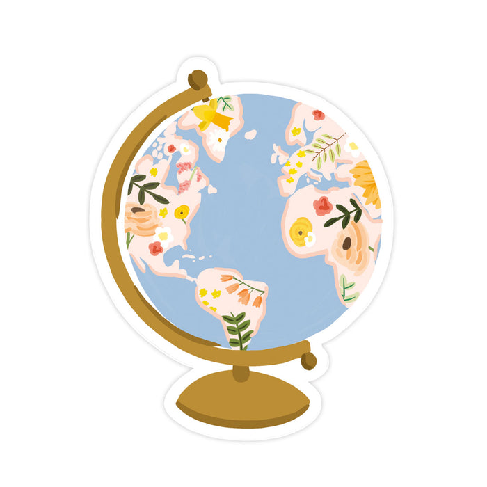 Globe Sticker - Bloomwolf Studio Sticker of a Globe With With Beige, Yellow, Red, Pink Flowers 