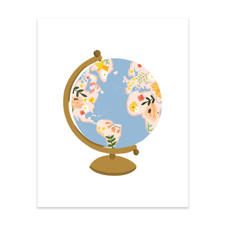 Globe Art Print - Bloomwolf Studio Print of a Globe in Pastel Colors (yellow, Pink, Peach, Orange) Flowers, Green Leaves