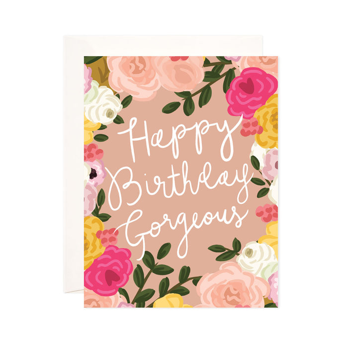 Gorgeous Birthday - Bloomwolf Studio Birthday Card, Pink, Red, Yellow and White Flowers, Green Leaves