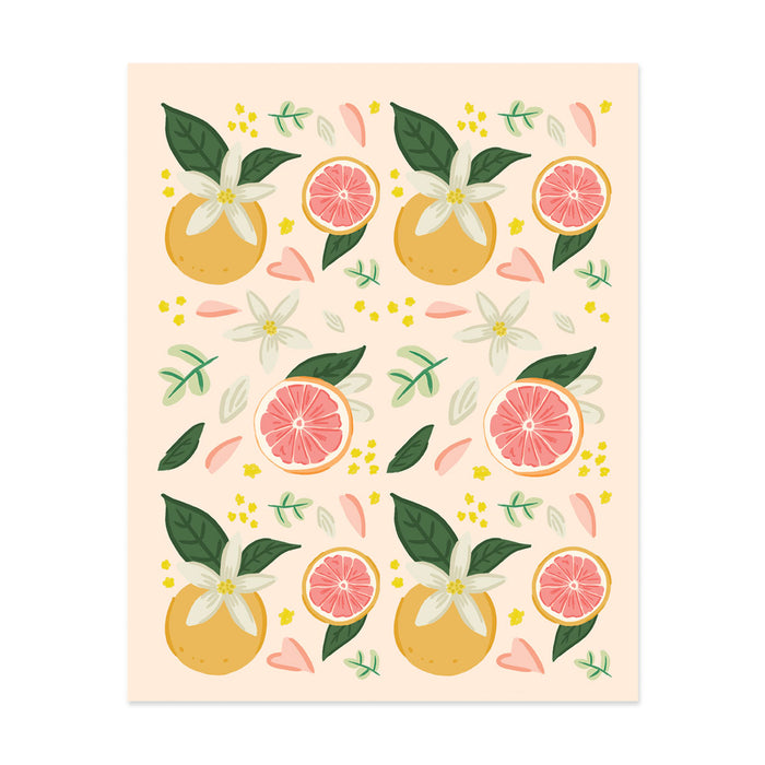 Grapefruit Pattern Art Print - Bloomwolf Studio Print, Warm Colors, Grapefruits, Pink and White Petals, Green Leaves