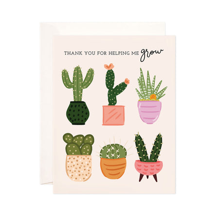 Helping Me Grow - Bloomwolf Studio Card That Says Thank You for Helping Me Grow, Pastel Colored Pots, Green Cactus