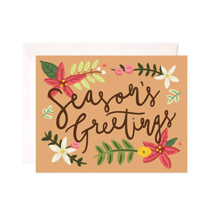 Holly Greetings - Bloomwolf Studio Card That Says Season's Greetings, Red, Pink, White, Yellow Flowers, Green Leaves