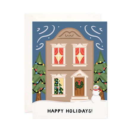 Home for the Holidays - Bloomwolf Studio Christmas + Holiday Card, Bright Colors, Green Trees and Wreath, Red Curtains, Snowman 