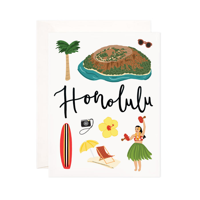 Honolulu - Bloomwolf Studio Card About Things to Do in Honolulu, Bright Colors, State Landmarks + Historical Places + Notable Places