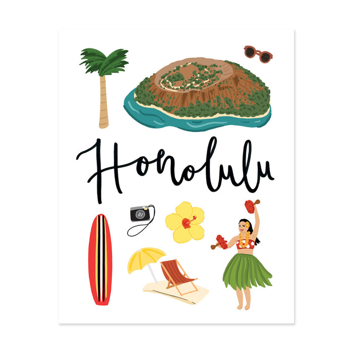 City Art Prints - Honolulu - Bloomwolf Studio Print on Things  to Do in Honolulu, Bright Colors, State Landmarks + Historical Places + Notable Places
