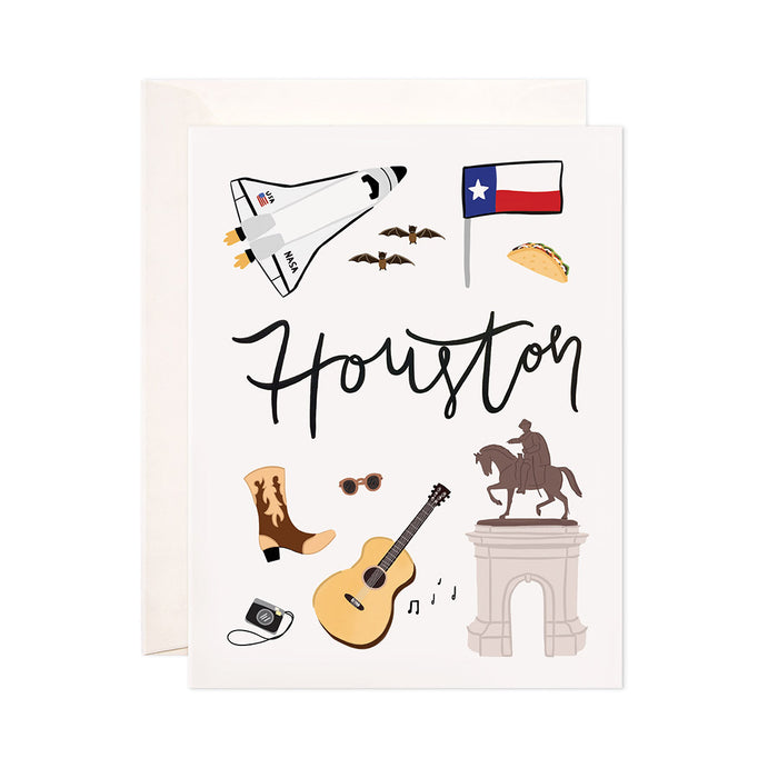 Houston - Bloomwolf Studio Card About Things to Do in Houston, Neutral Colors, City Landmarks + Historical Places + Notable Places, Texas