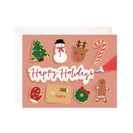 Iced Holiday Cookies - Bloomwolf Studio Happy Holidays Card, Christmas + Holiday Symbols With Green, Red, White and Brown Colors