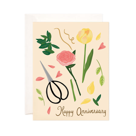 Flower Arrangement - Bloomwolf Studio Anniversary Card, Yellow and Pink Flowers, Green Leaves, Scissors