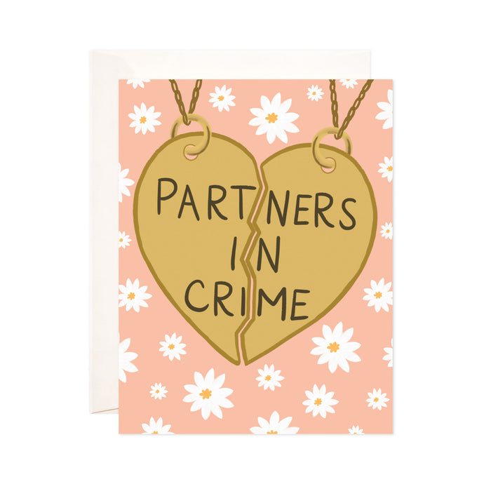 Partners in Crime - Bloomwolf Studio Card in Peach Background Color, White Flowers, Heart Pendant, Partners in Crime