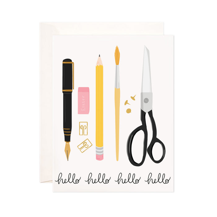 Stationery Hello - Bloomwolf Studio Hello Card, Yellow Pencils and Brush, Black Pens and Scissors, Pink Erasers