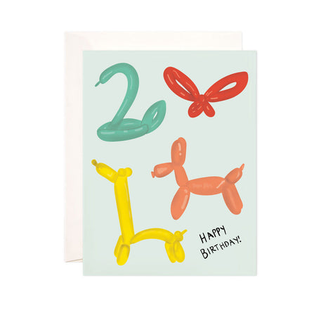 Birthday Balloon Animals - Bloomwolf Studio Birthday Card, Green, Red, Yellow and Orange  Balloon Animals